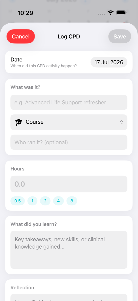Logging a CPD activity in MyRoster with fields for date, activity type, hours and reflection