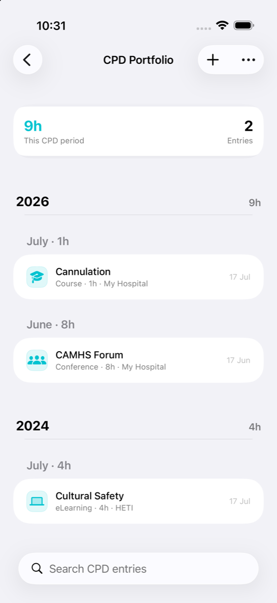 CPD portfolio in MyRoster listing activities grouped by year and month