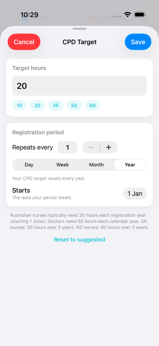 Setting a CPD target of 20 hours per year in MyRoster, with a registration period start date